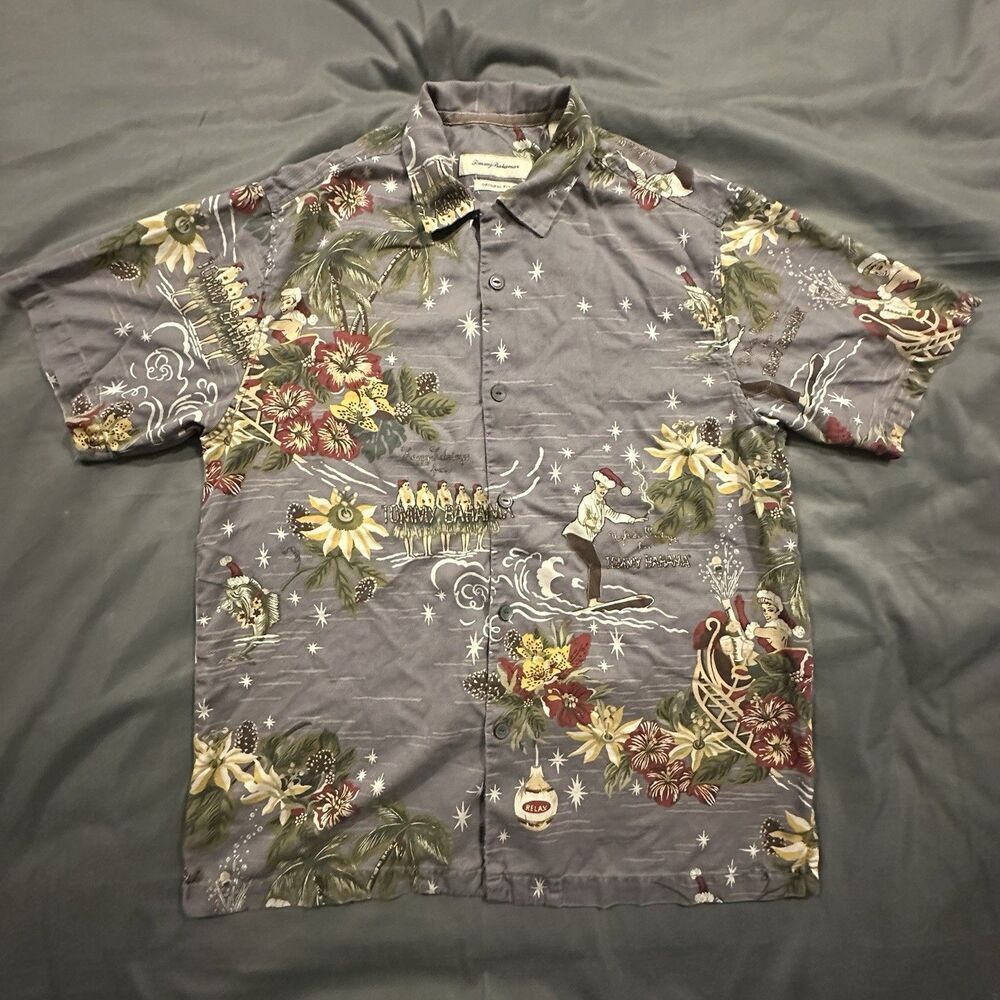 Tommy Bahama Christmas Holiday Shirt Silk Hawaiian Aloha Santa Surf Button